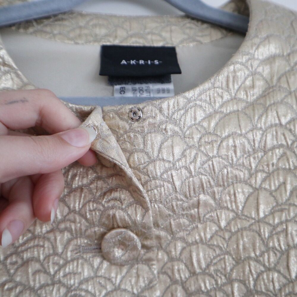 Akris US 10 Gold Lamé Collarless Jacket Button Front Longline - Picture 5 of 12